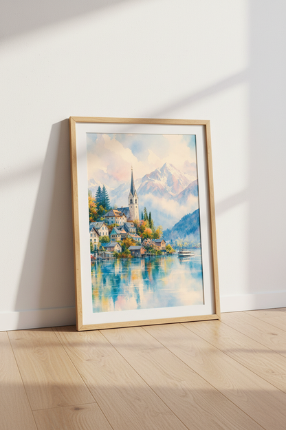 Alpine Village Watercolor Landscape Wall Art | Mountain Lake Decor | Pastel Nature Poster