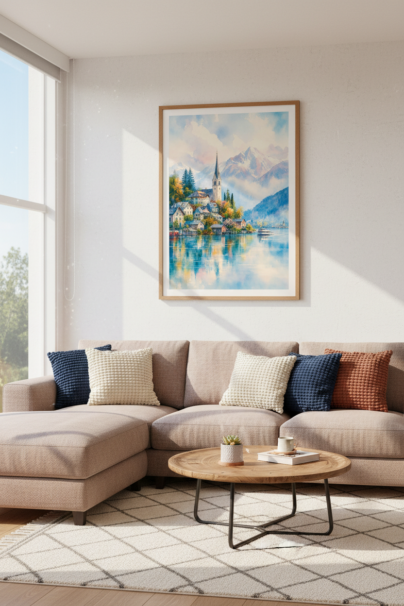 Alpine Village Watercolor Landscape Wall Art | Mountain Lake Decor | Pastel Nature Poster