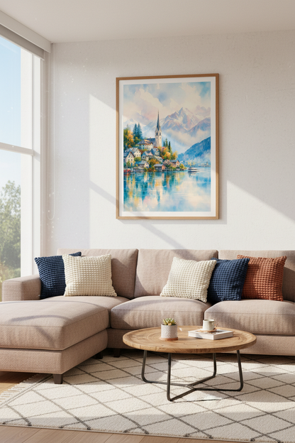 Alpine Village Watercolor Landscape Wall Art | Mountain Lake Decor | Pastel Nature Poster