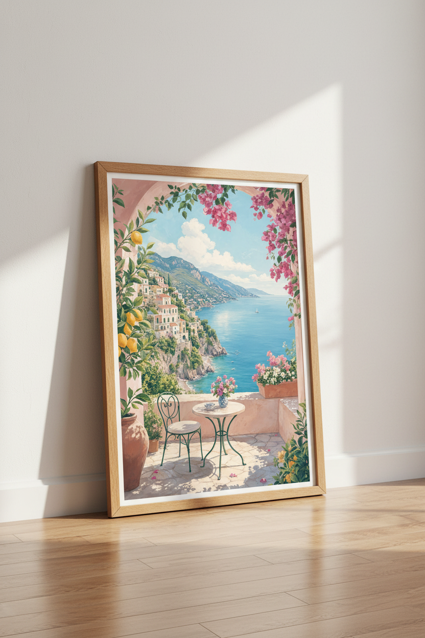Amalfi Coast Italy Terrace | Mediterranean Landscape, Coastal Living Room Decor
