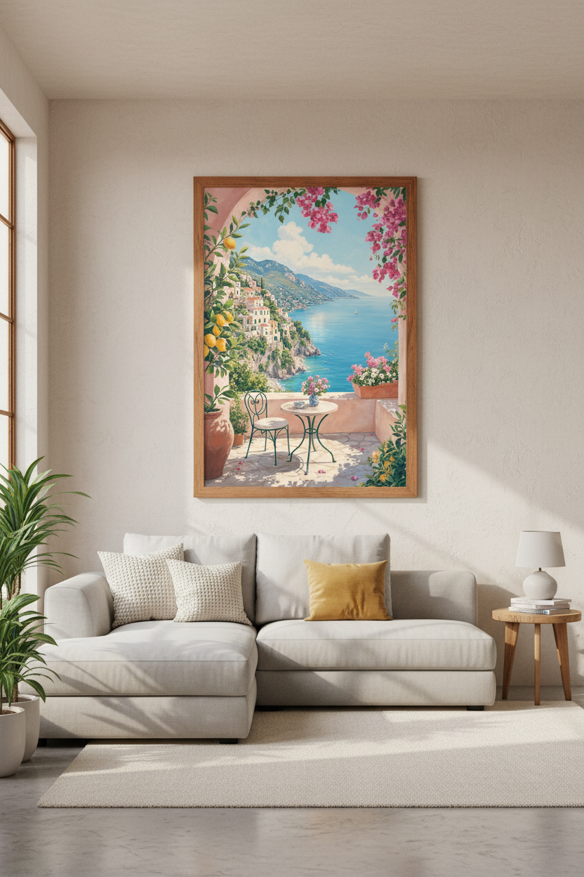 Amalfi Coast Italy Terrace | Mediterranean Landscape, Coastal Living Room Decor