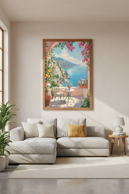 Amalfi Coast Italy Terrace | Mediterranean Landscape, Coastal Living Room Decor