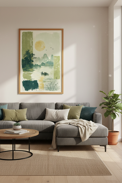 Japanese Zen Landscape | Sage Green Art, Scenic River Mountain Poster