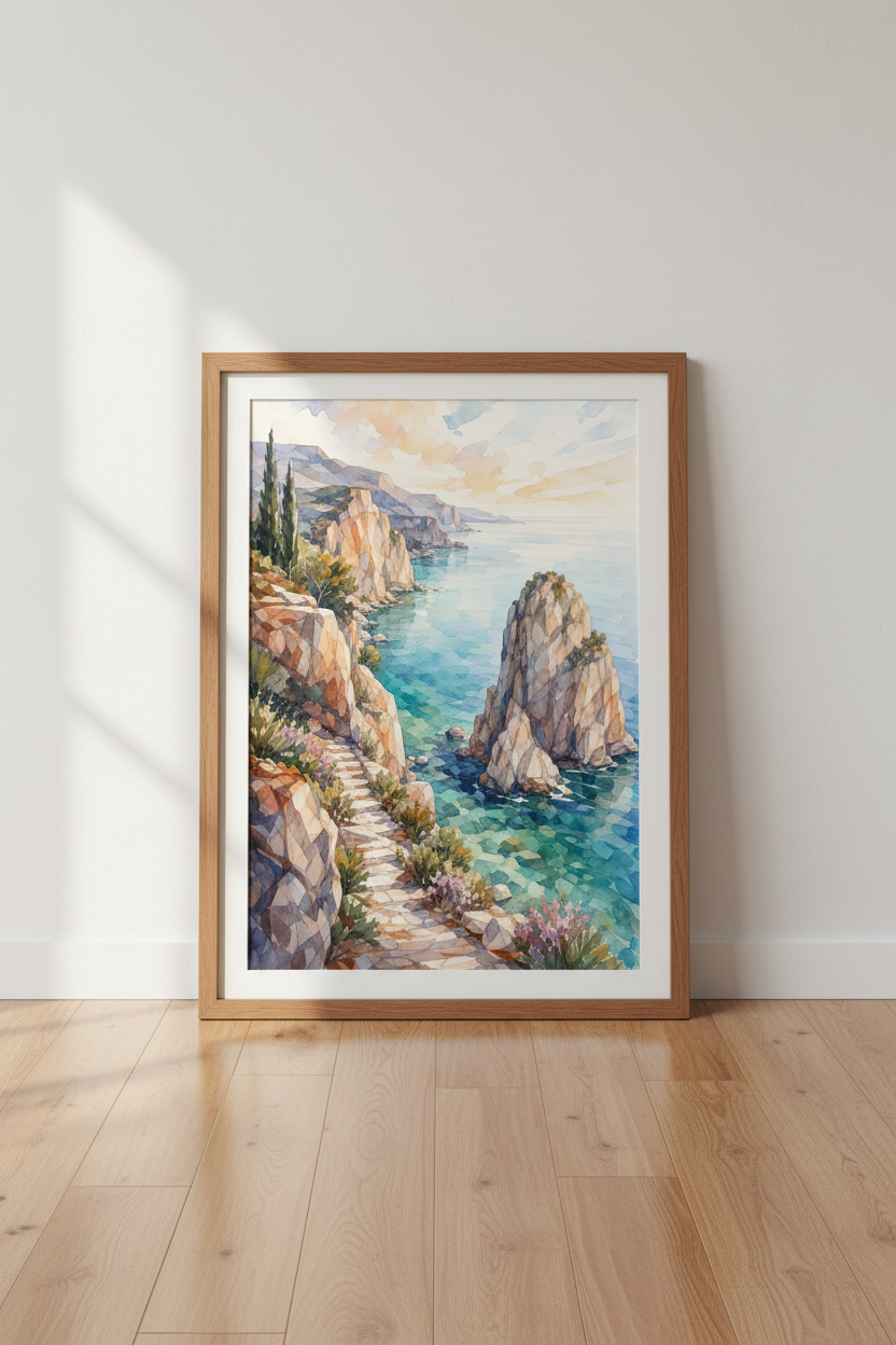 Watercolor Mediterranean Coastal Wall Art | Blue Seascape Poster, Living Room Decor