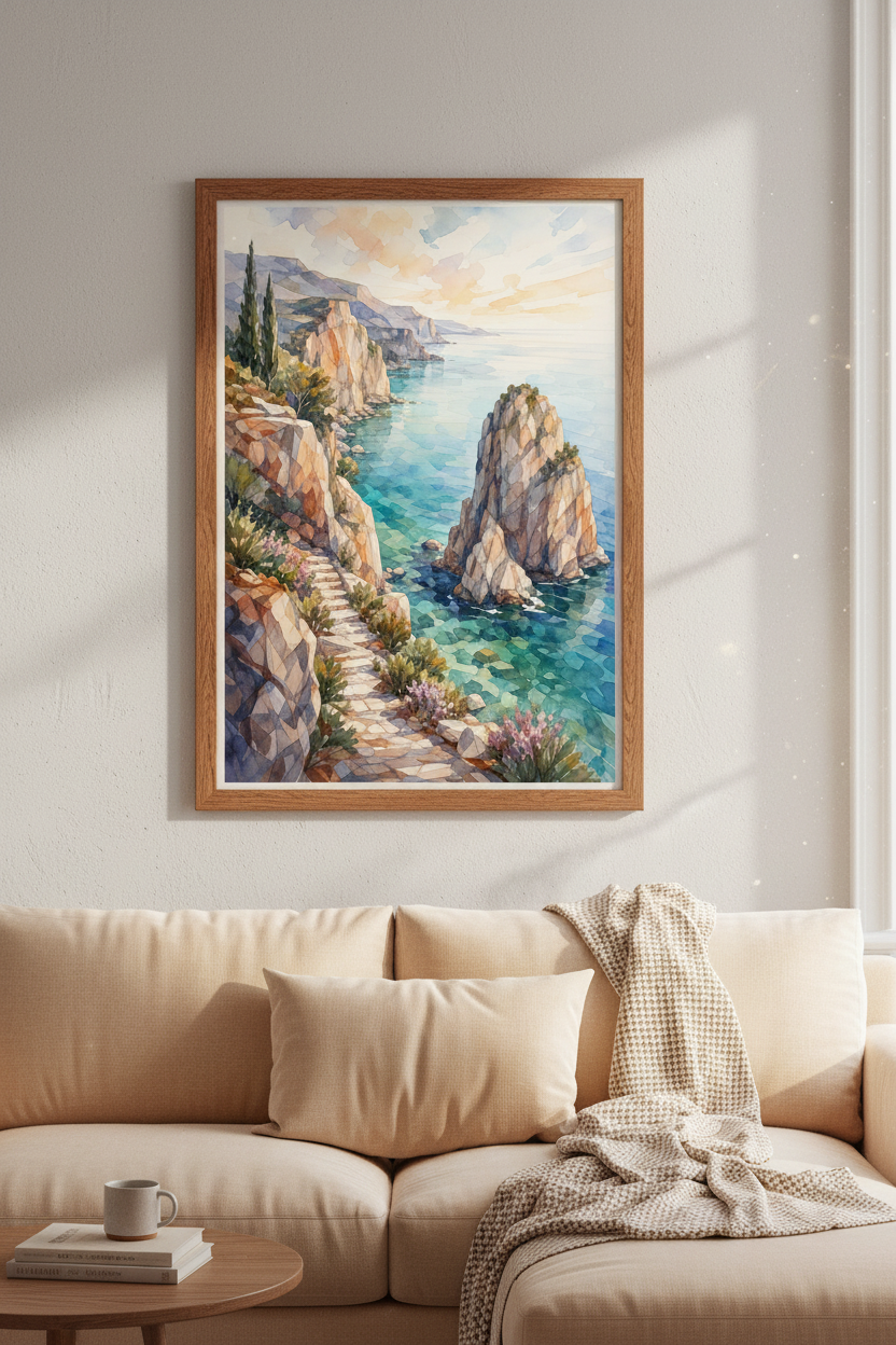 Watercolor Mediterranean Coastal Wall Art | Blue Seascape Poster, Living Room Decor