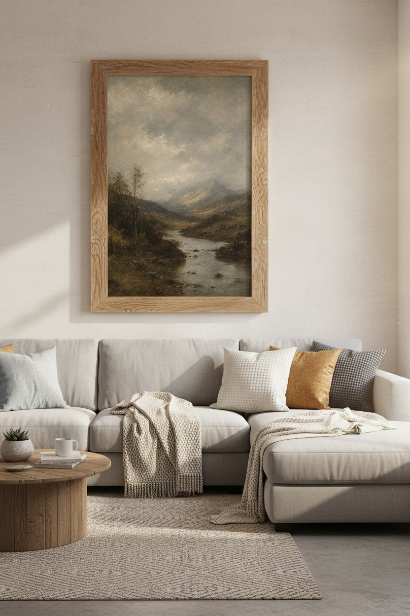 Moody Mountain Landscape Art | Vintage River Oil Painting, Rustic Living Room Poster