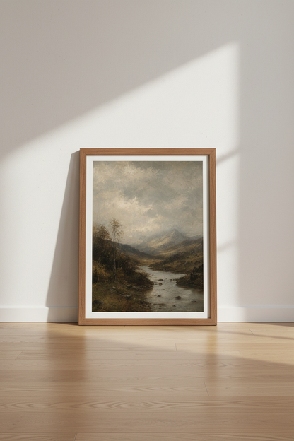 Moody Mountain Landscape Art | Vintage River Oil Painting, Rustic Living Room Poster