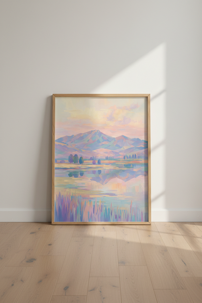 Pastel Mountain Landscape Wall Art | Bedroom Decor | Abstract Lake Poster