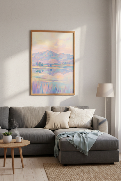 Pastel Mountain Landscape Wall Art | Bedroom Decor | Abstract Lake Poster