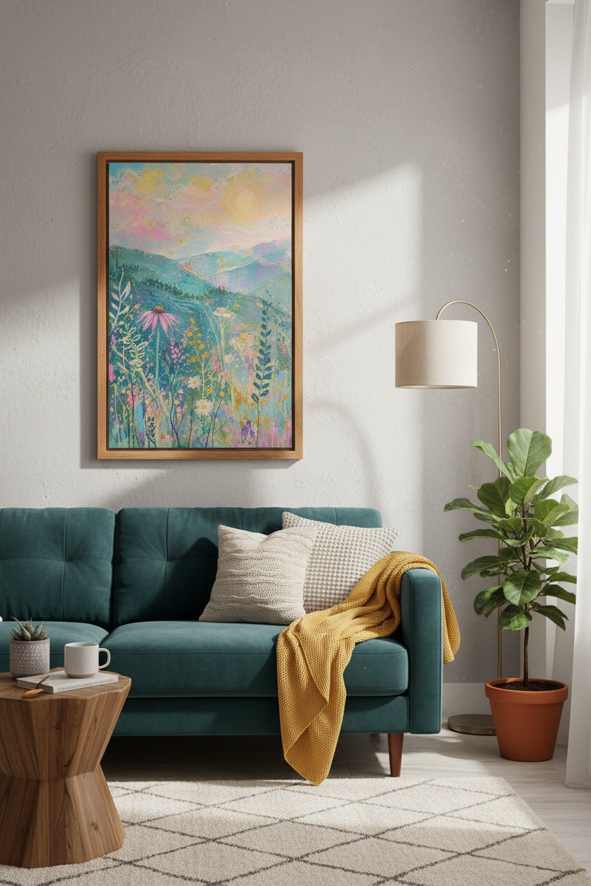 Mountain Wildflower Landscape | Pastel Pink and Blue Boho Art, Bedroom Wall Decor