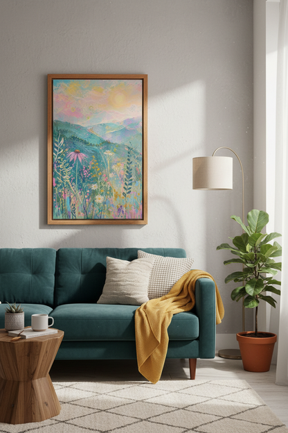 Mountain Wildflower Landscape | Pastel Pink and Blue Boho Art, Bedroom Wall Decor