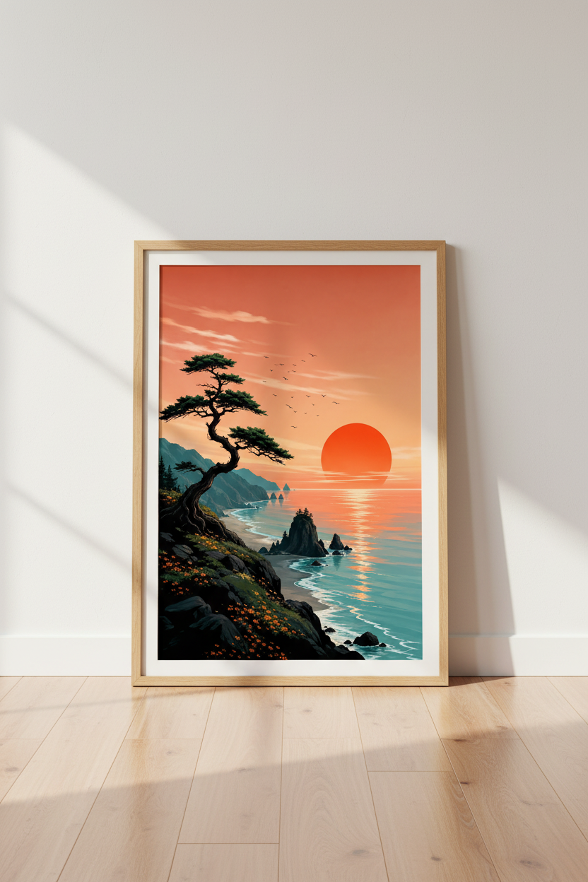 Japanese Sunset Landscape Wall Art | Teal &amp; Orange Coastal Decor | Zen Nature Poster