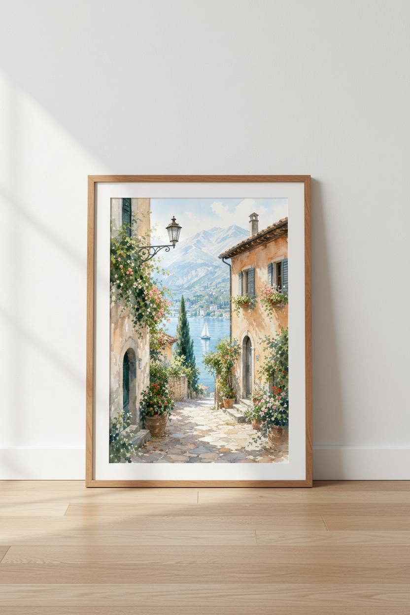 Italy Lake Como Watercolor Wall Art Print | Mediterranean Decor | Italian Landscape Poster
