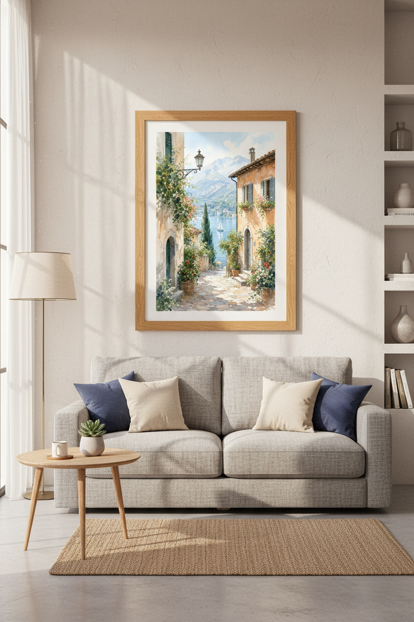 Italy Lake Como Watercolor Wall Art Print | Mediterranean Decor | Italian Landscape Poster