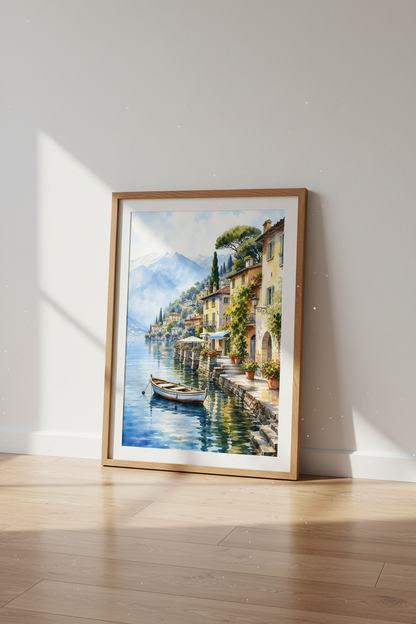 Lake Como Italy Watercolor Print | Coastal Landscape Wall Art, Mediterranean Decor