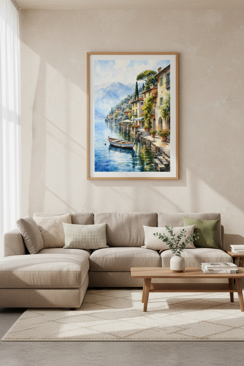 Lake Como Italy Watercolor Print | Coastal Landscape Wall Art, Mediterranean Decor