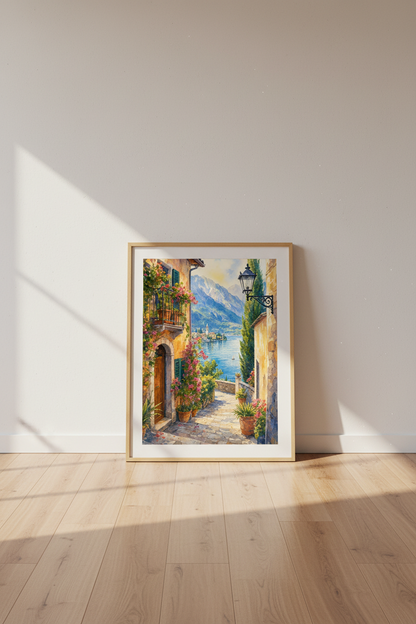 Lake Como Italy Wall Art Print | Watercolor Village Decor | Mediterranean Poster