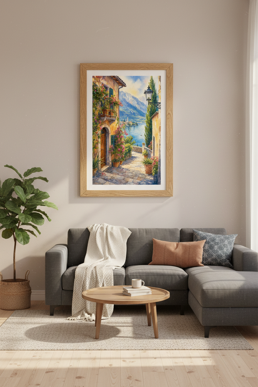 Lake Como Italy Wall Art Print | Watercolor Village Decor | Mediterranean Poster