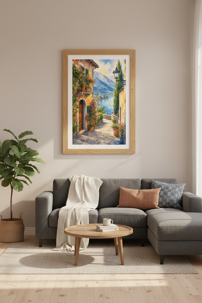 Lake Como Italy Wall Art Print | Watercolor Village Decor | Mediterranean Poster