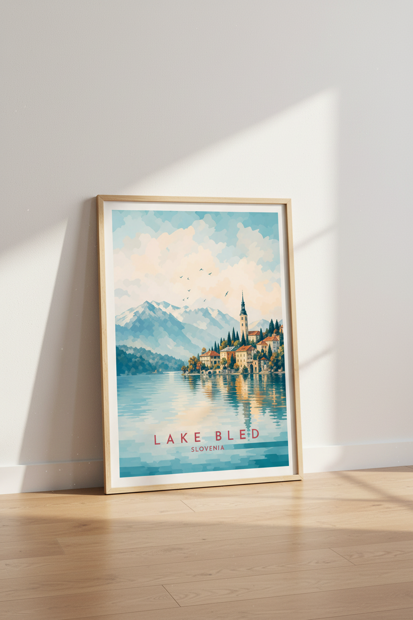 Lake Bled Slovenia Travel Art | Mountain Landscape Poster, Living Room Decor