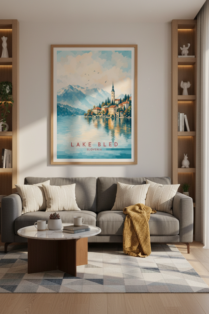 Lake Bled Slovenia Travel Art | Mountain Landscape Poster, Living Room Decor