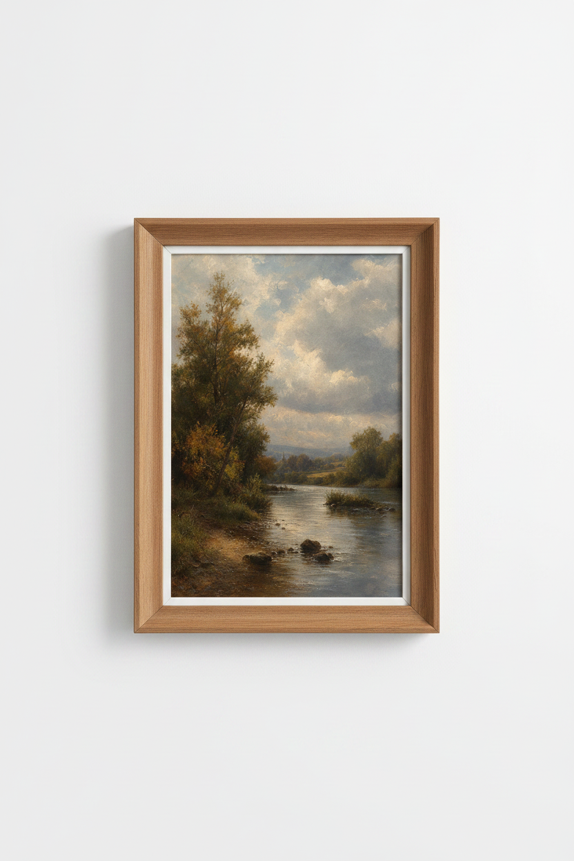 Landscape wall art | Classic river scene, tranquil blues, living room decor