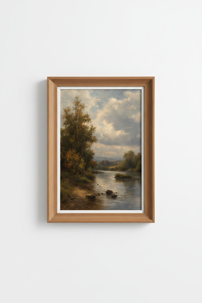Landscape wall art | Classic river scene, tranquil blues, living room decor
