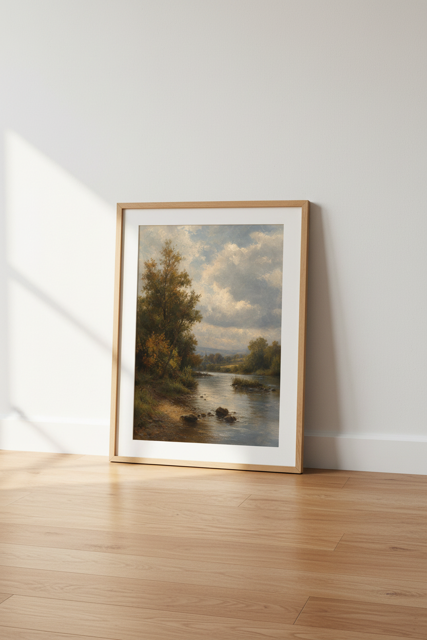Landscape wall art | Classic river scene, tranquil blues, living room decor