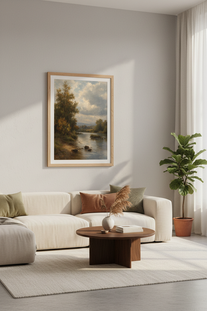 Landscape wall art | Classic river scene, tranquil blues, living room decor