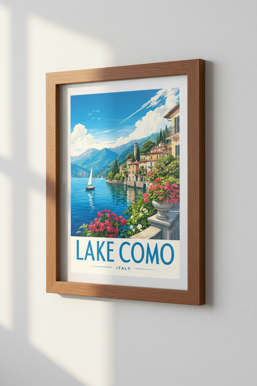 Lake Como Italy Travel Poster | Vintage Coastal Wall Art | Mediterranean Decor Print