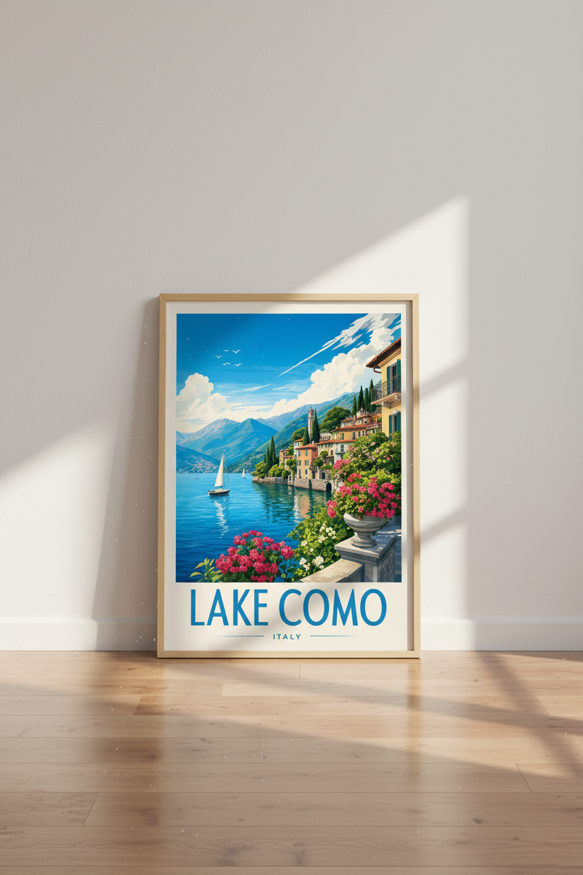 Lake Como Italy Travel Poster | Vintage Coastal Wall Art | Mediterranean Decor Print