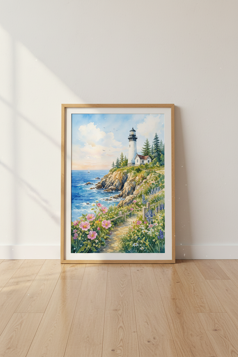 Watercolor Lighthouse Wall Art Print | Coastal Ocean Decor | Nautical Landscape Poster