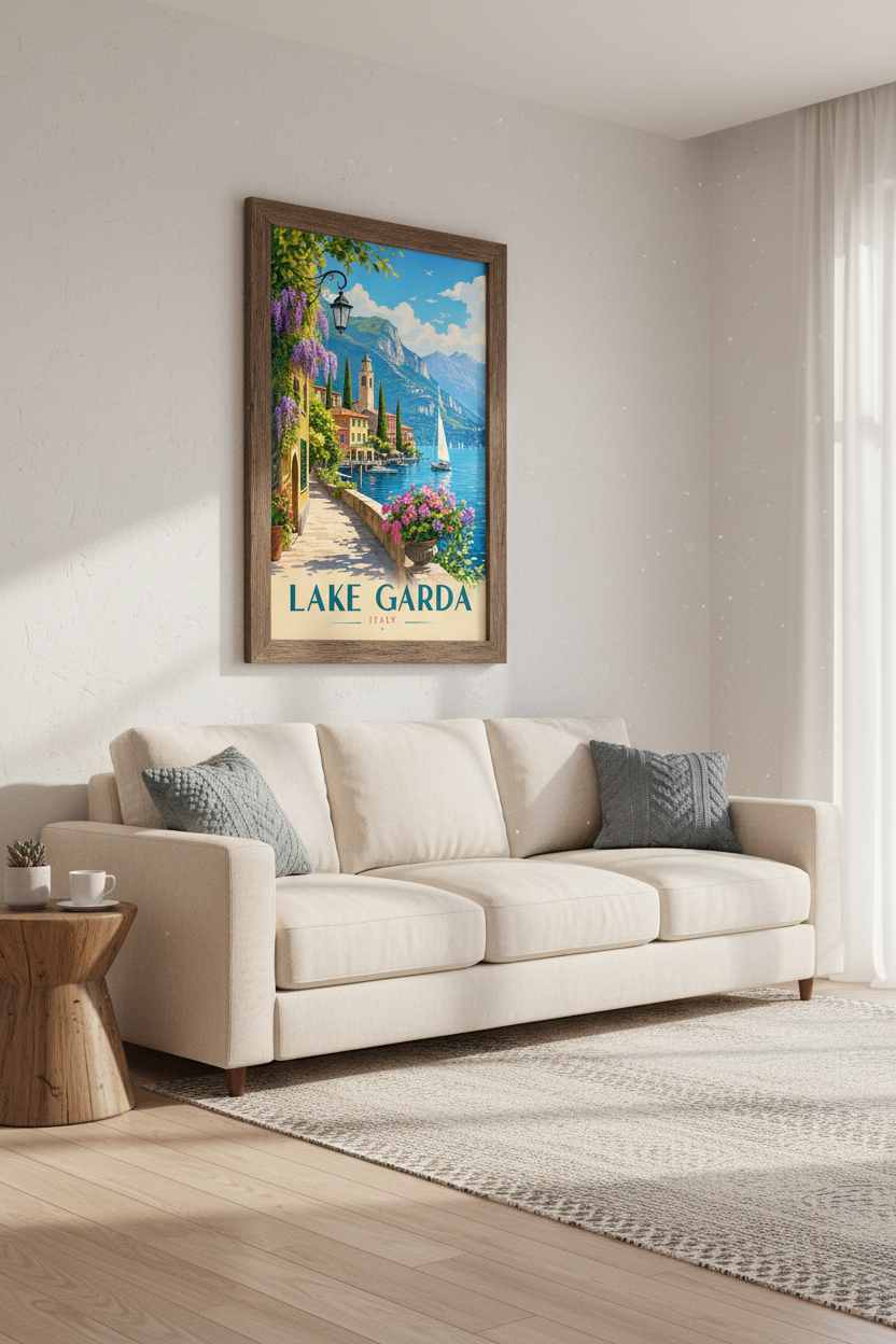 Lake Garda Italy Travel Poster | Mediterranean View Wall Art Print | Coastal Decor
