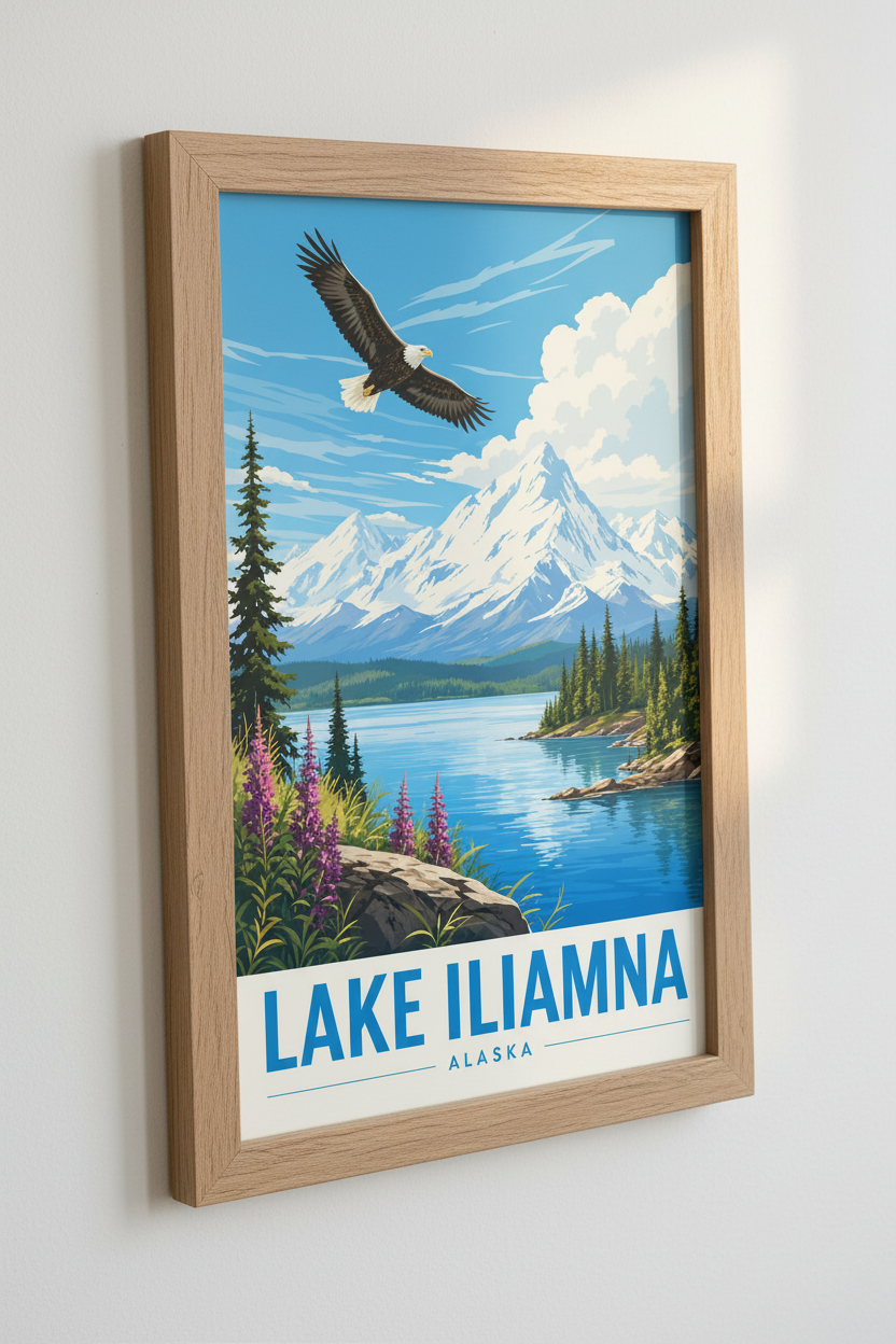 Lake Iliamna Alaska Travel Poster | Bald Eagle Mountain Landscape | Cabin Wall Decor