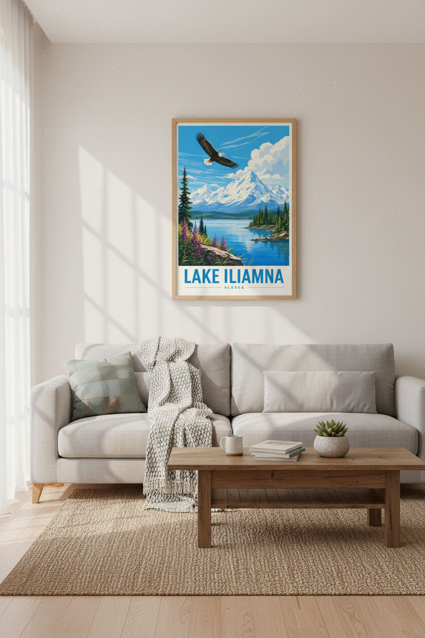 Lake Iliamna Alaska Travel Poster | Bald Eagle Mountain Landscape | Cabin Wall Decor