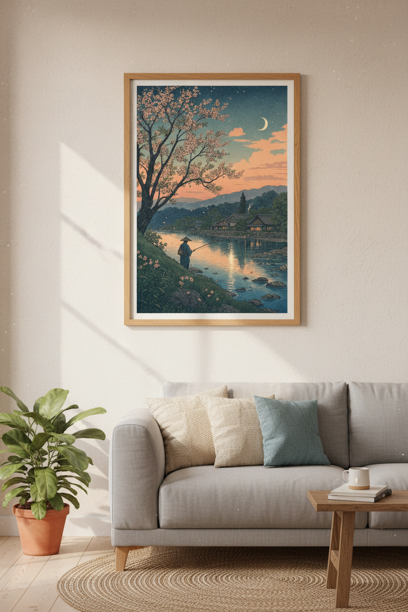Japanese Fisherman Landscape | Ukiyo-e Cherry Blossom Print, Living Room Decor