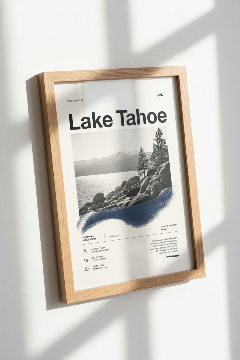 Lake Tahoe Travel Poster | Modern Mountain Landscape Wall Art, Home Office Decor