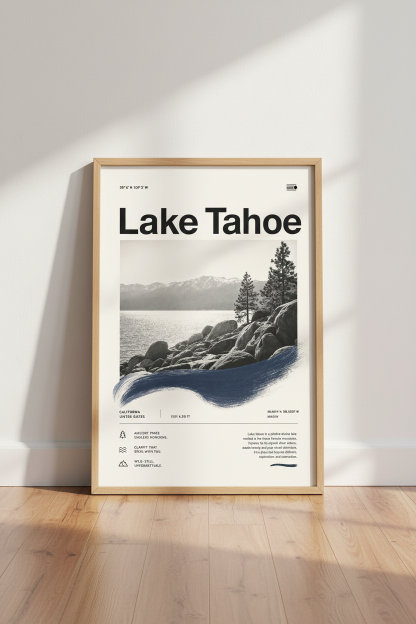 Lake Tahoe Travel Poster | Modern Mountain Landscape Wall Art, Home Office Decor