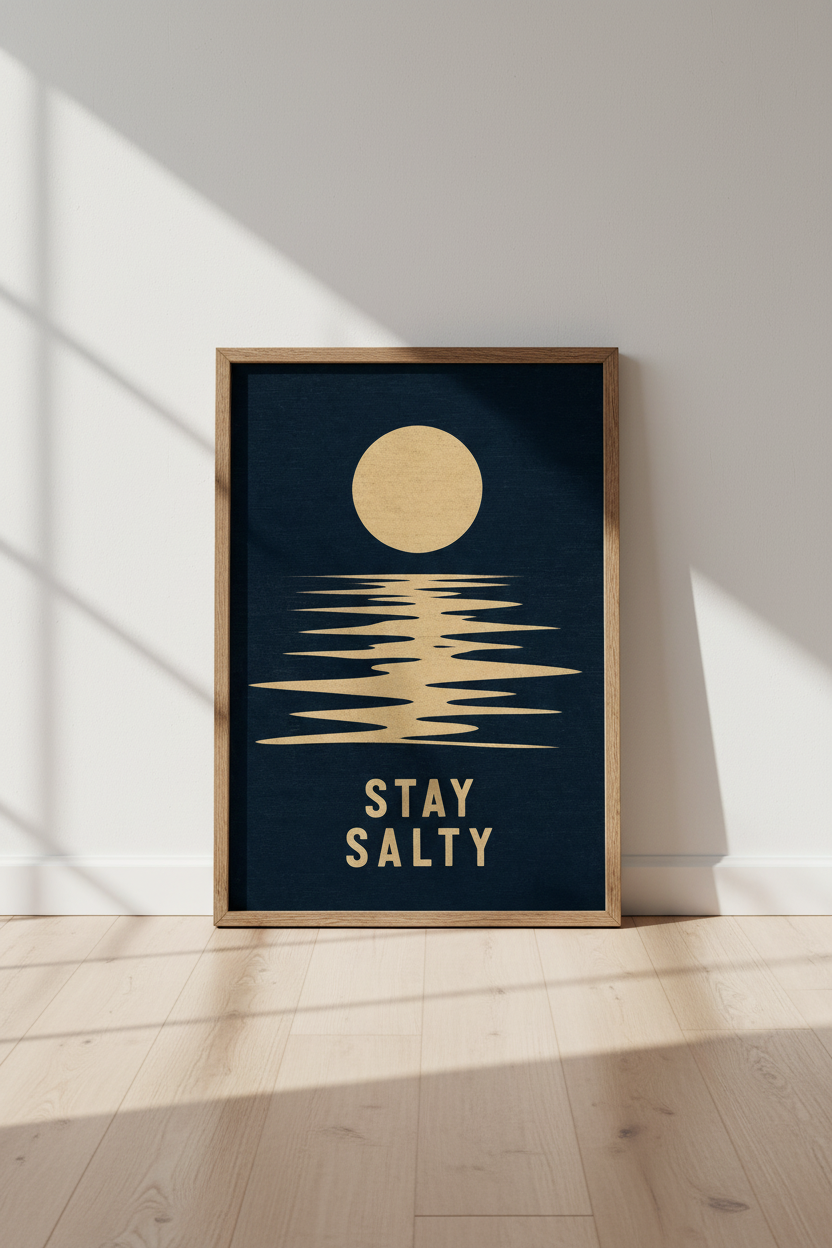 Stay Salty Ocean Sunset Wall Art | Navy &amp; Gold Coastal Decor | Minimalist Poster