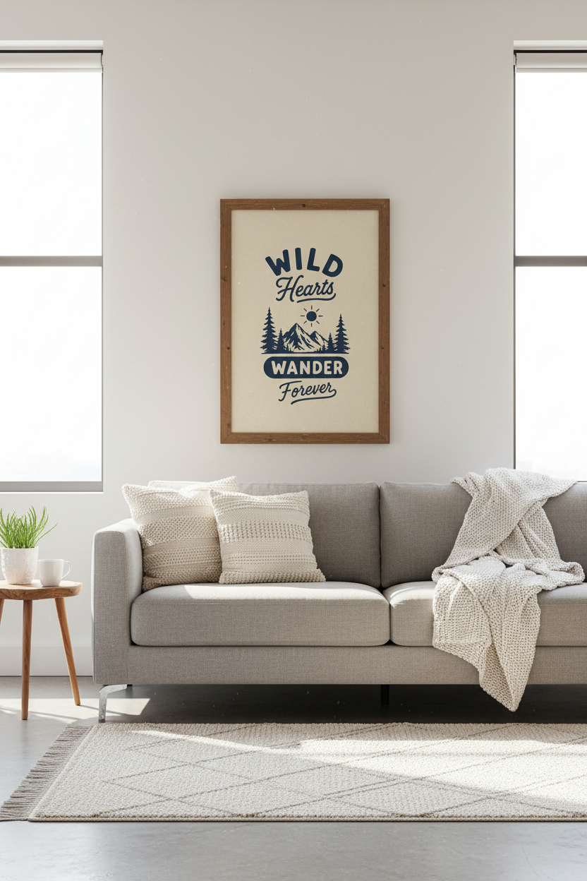 Wild Hearts Wander Forever Mountain Art | Navy Retro Nature Print, Adventure Decor