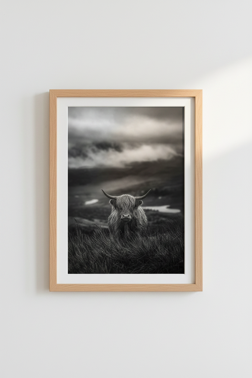 Highland Cow Poster | Moody Black and White Scottish Wall Art, Farmhouse Decor