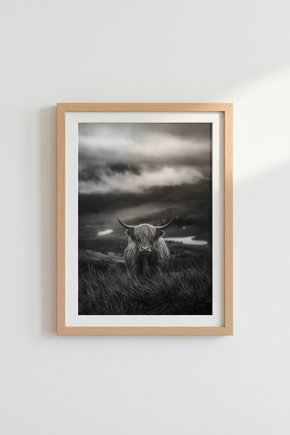 Highland Cow Poster | Moody Black and White Scottish Wall Art, Farmhouse Decor