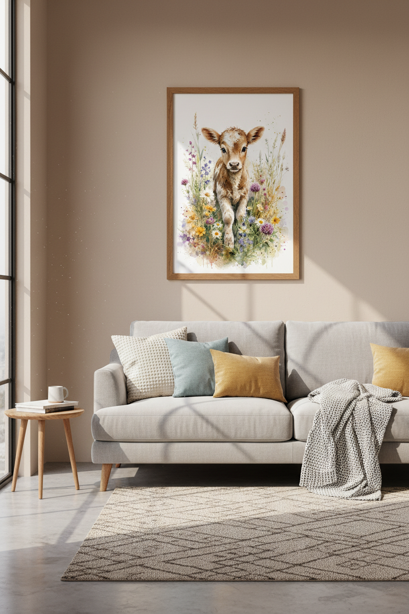 Watercolor Baby Calf Wall Art | Farmhouse Nursery Decor | Rustic Cow Poster
