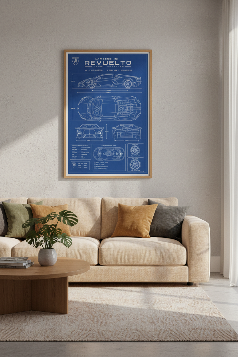 Lamborghini Revuelto Blueprint Wall Art | Supercar Poster, Man Cave Decor