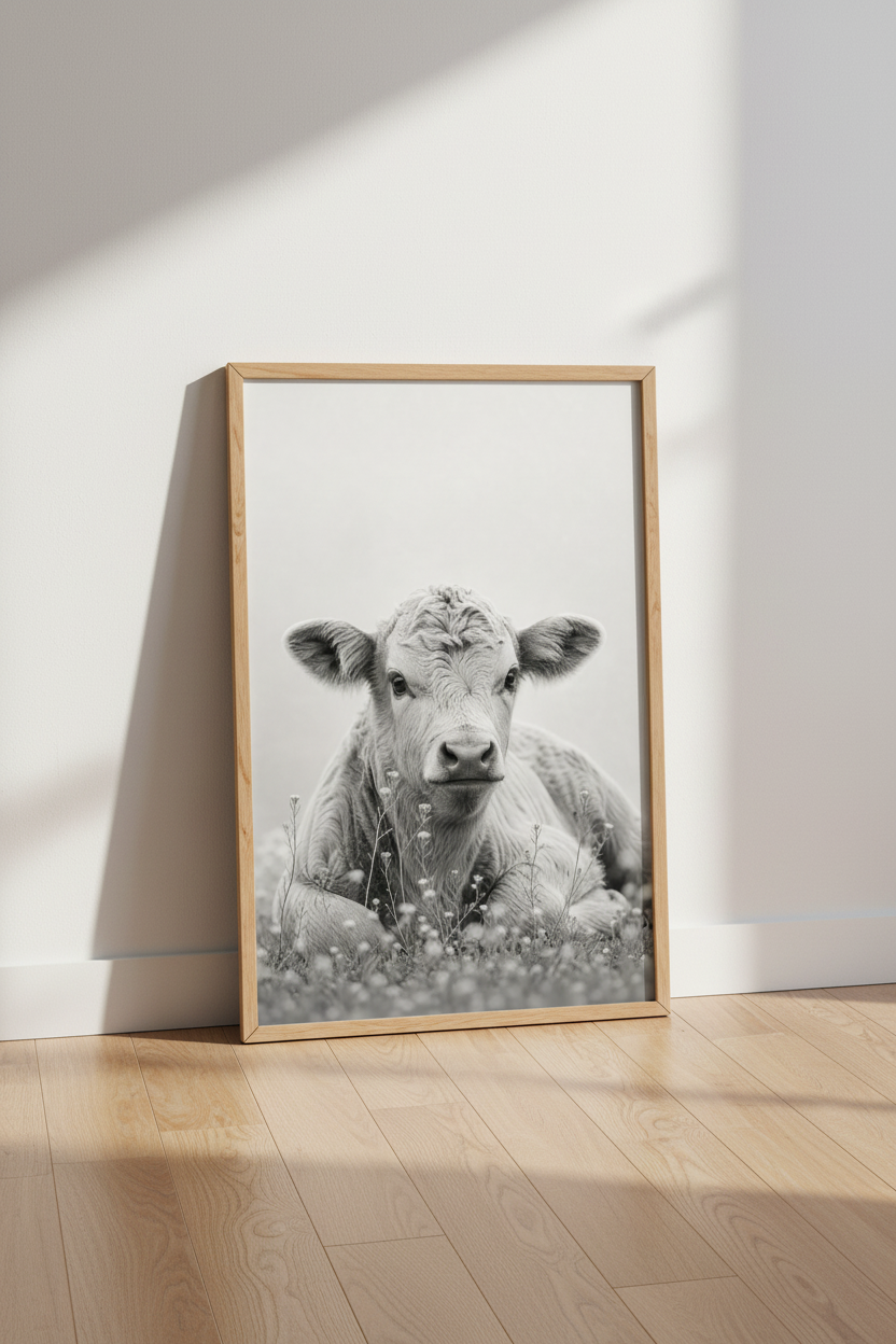 Highland Cow Wall Art Print | Farmhouse Black and White, Nursery Decor Poster