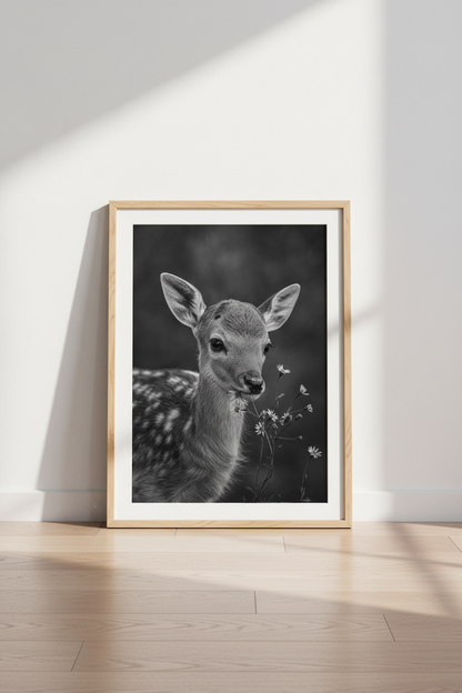 Fawn Nature Art Print | Black and White Deer Poster | Modern Nursery Decor