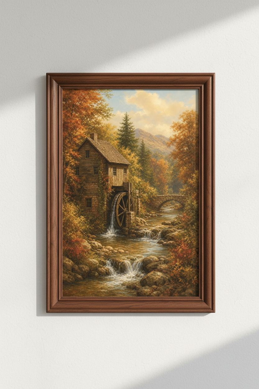 Autumn Watermill Art Wall Art Print | Living Room Decor | Rustic Autumn Poster