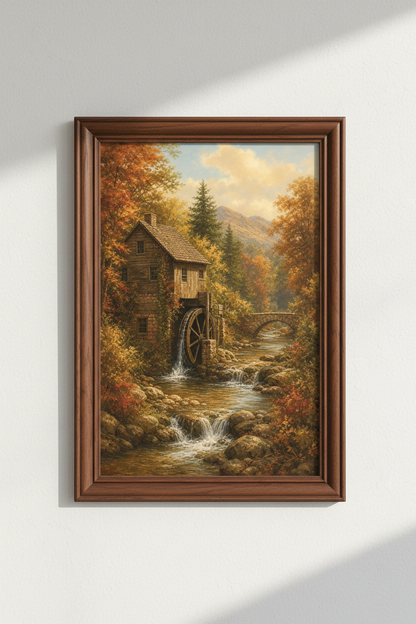 Autumn Watermill Art Wall Art Print | Living Room Decor | Rustic Autumn Poster