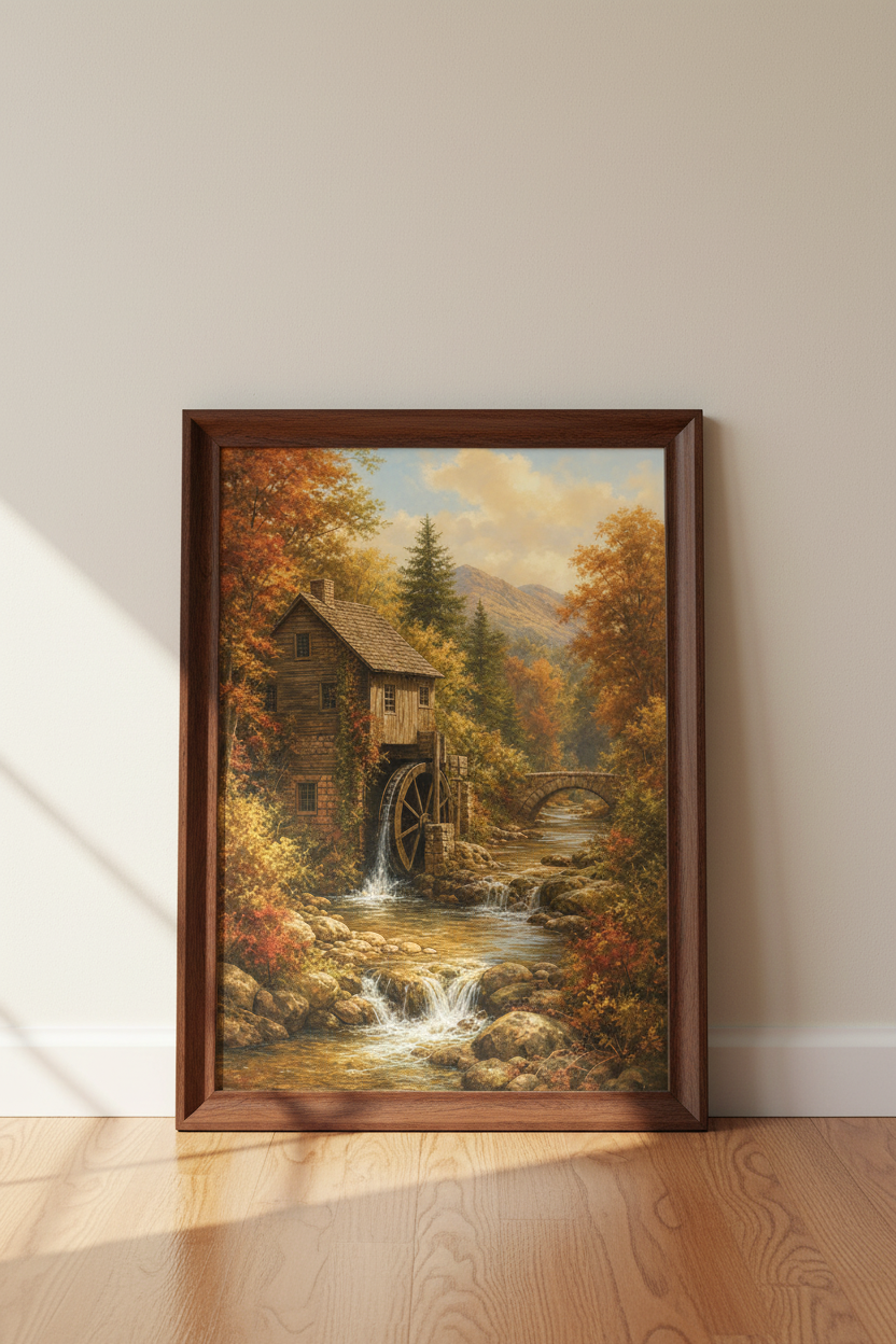 Autumn Watermill Art Wall Art Print | Living Room Decor | Rustic Autumn Poster