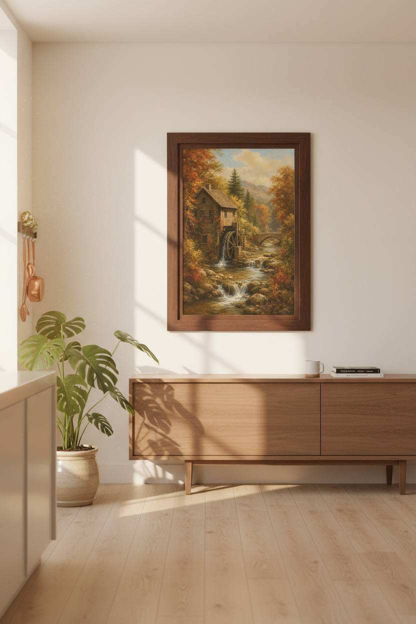 Autumn Watermill Art Wall Art Print | Living Room Decor | Rustic Autumn Poster